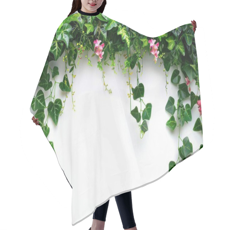 Personality  Lush Green Foliage With Delicate Pink Flowers Cascading Down A White Backdrop. Hair Cutting Cape