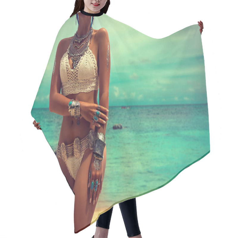 Personality  Girl In Trendy Boho Style On The Beach Hair Cutting Cape