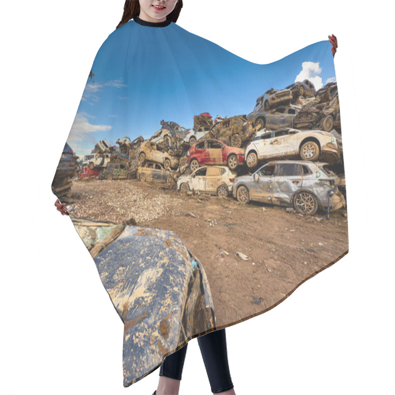 Personality  CATARROJA, VALENCIA SPAIN - DECEMBER 4 2024: After The Dana Floods In Valencia Province On October 29th 2024 Left Massive Wrecked Cars, Impacting Countless Families, Claiming Over 200 Human Lives. Hair Cutting Cape