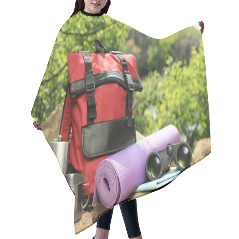 Personality  Modern Backpack And Camping Equipment On Large Rock In Wilderness Hair Cutting Cape