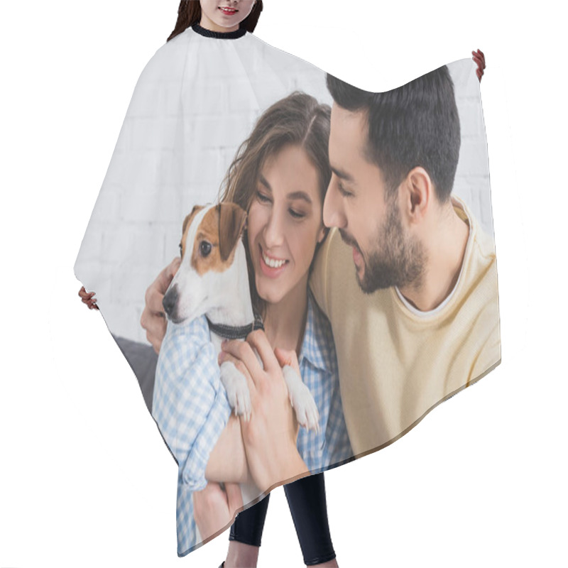 Personality  Happy Interracial Couple Petting Jack Russell Terrier  Hair Cutting Cape