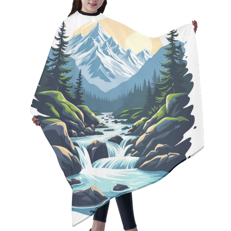 Personality  Mountain River Scene T-Shirt Design - Nature Landscape, Sunset, And Outdoor Adventure Hair Cutting Cape