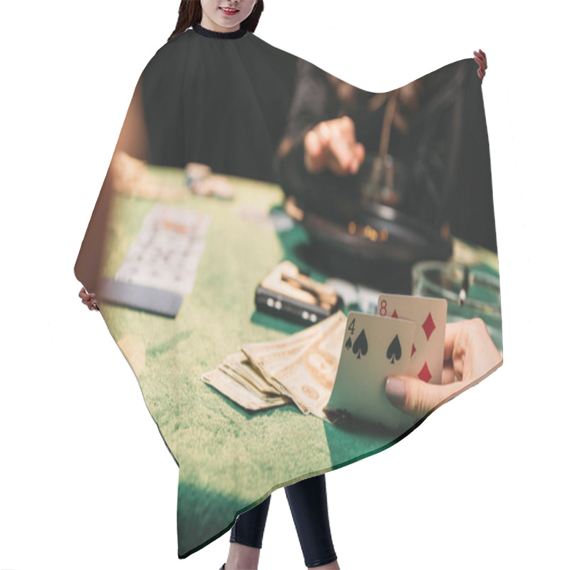 Personality  Cropped Image Of Girls Playing Poker At Table In Casino Hair Cutting Cape