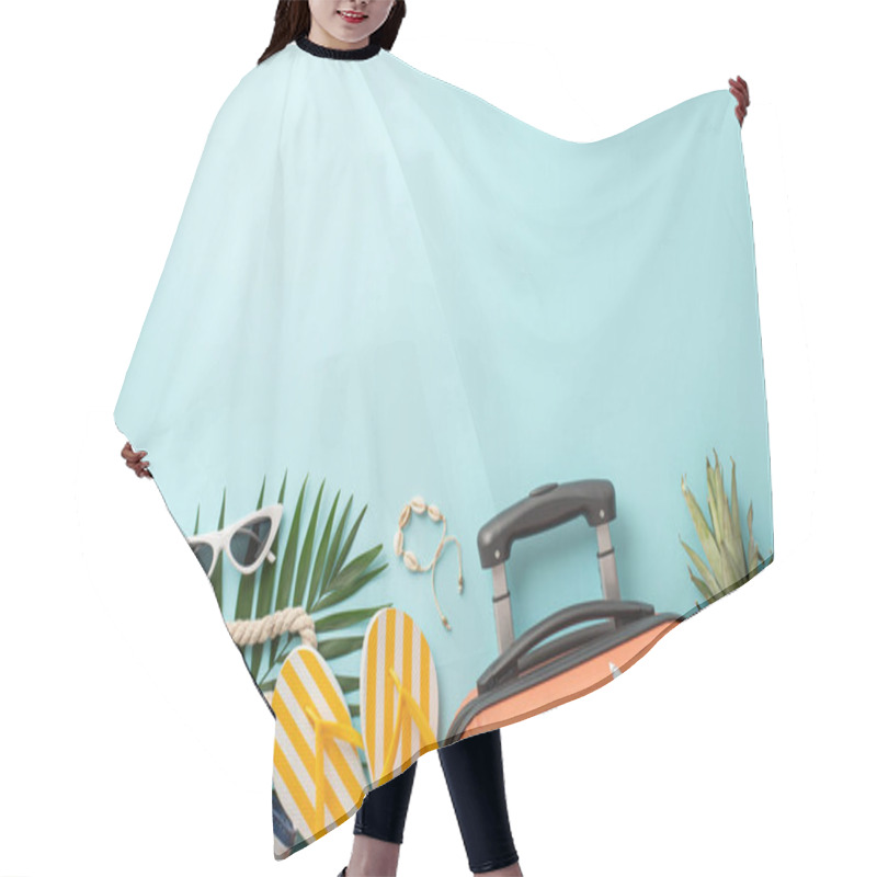 Personality  Summer Holiday Vibes! Top View Of Suitcase, Mini Plane Figurine, Beach Accessories, Glasses, Sunhat, Bag, Flip-flops, Shell Bracelet, Ananas, Palm Leaves, Light Blue Backdrop, With Empty Space For Ad Hair Cutting Cape