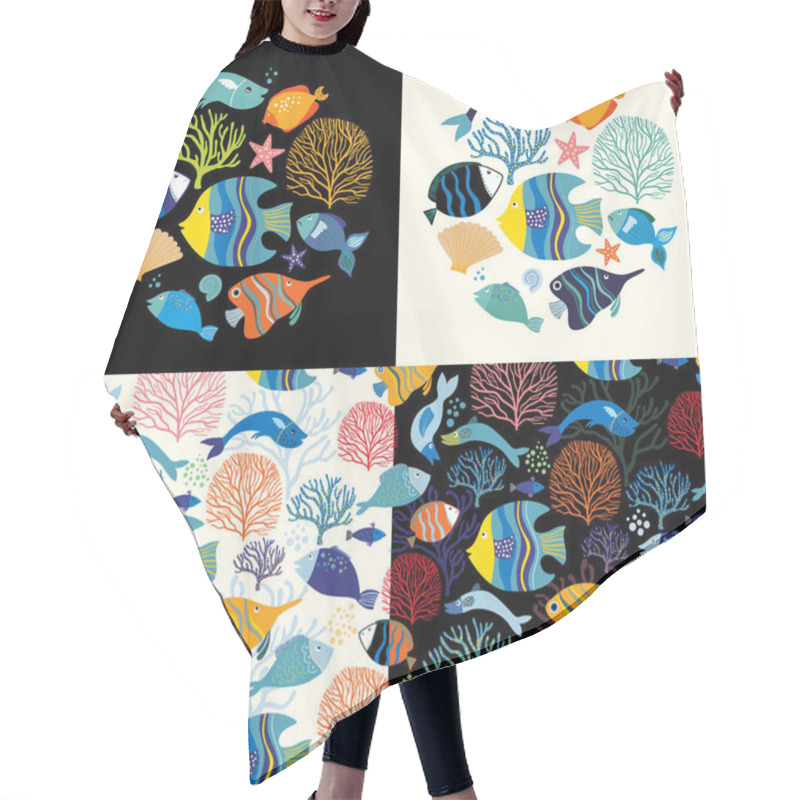 Personality  Aquatic Collection With Two Seamless Patterns And Two Round Compositions With Different Fish And Marine Plants Hair Cutting Cape