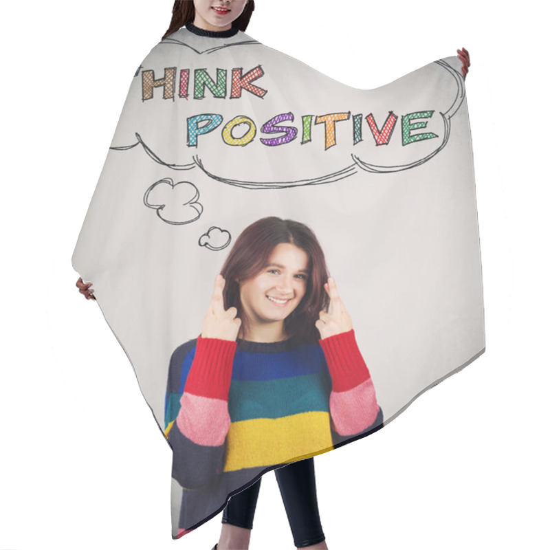 Personality  Happy Young Woman Smiling, Raises Fingers Crossed, Makes Desirable Wish. Student Girl Hope To Have Good Luck, Thought Bubble With Colorful Text Think Positive, Motivational Slogan, Enjoy The Life. Hair Cutting Cape