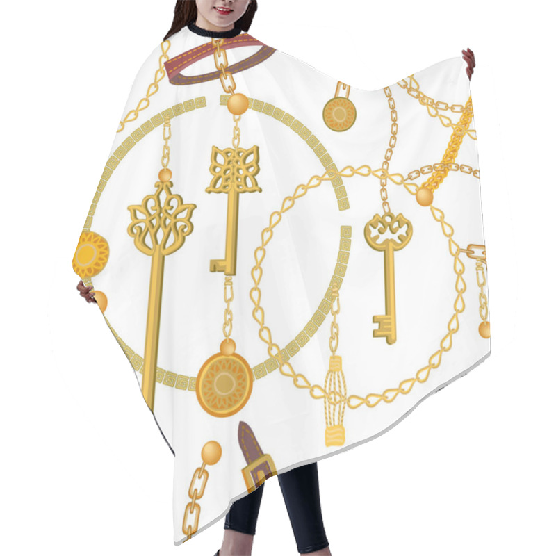 Personality  Fashion Print With Keys, Chains, Beads And Coins. Hair Cutting Cape