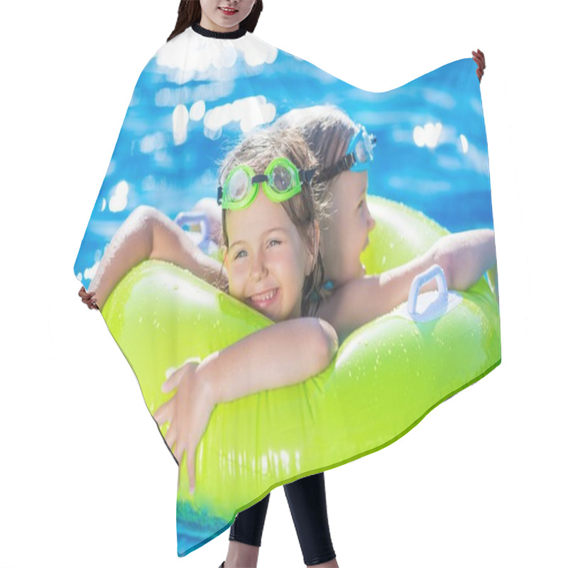 Personality  Girls Having Fun In The Pool.  Hair Cutting Cape