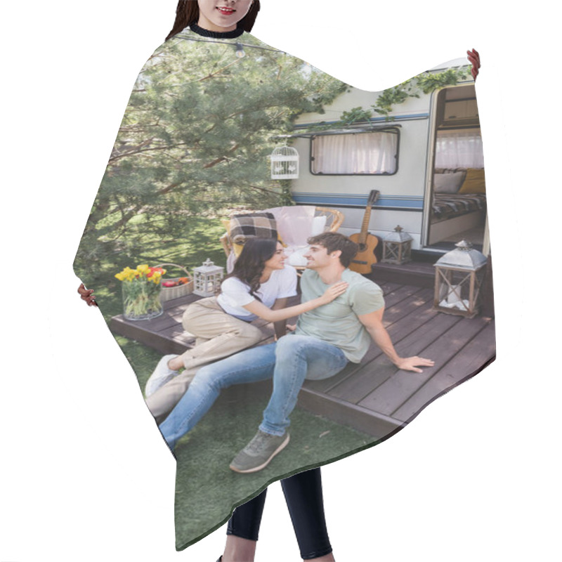 Personality  Side View Of Smiling Woman Touching Boyfriend On Terrace Of Camper Van  Hair Cutting Cape