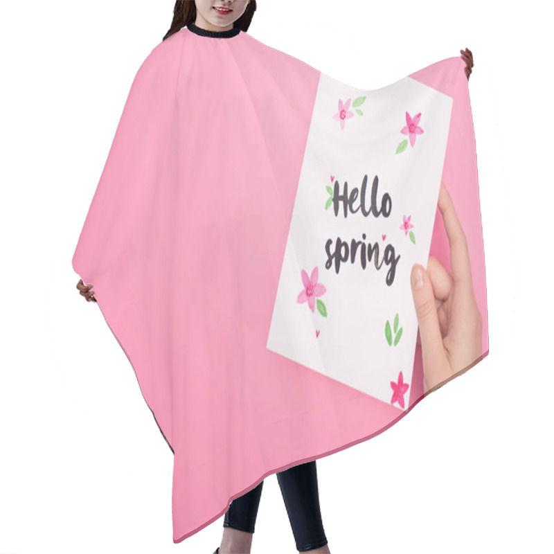 Personality  Partial View Of Card With Hello Spring Lettering In Woman Hand On Pink Background Hair Cutting Cape