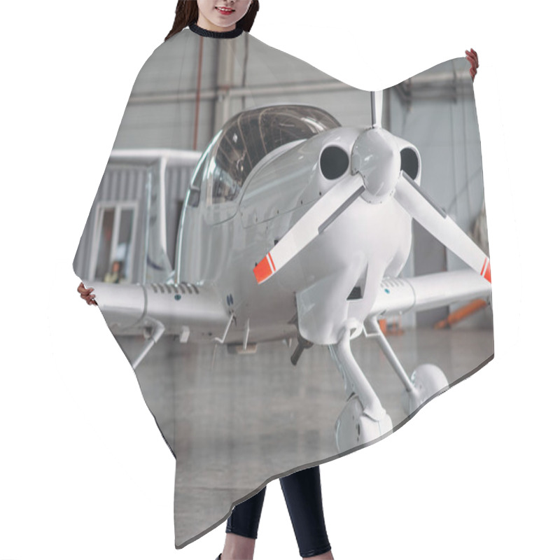 Personality  Small Private Turbo-propeller Airplane In Hangar, Plane On Inspection Before Flight. Air Transportation, Front View On Turboprop Plane Hair Cutting Cape