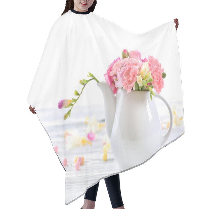 Personality  Beautiful Spring Flowers In Teapot Isolated On White Hair Cutting Cape