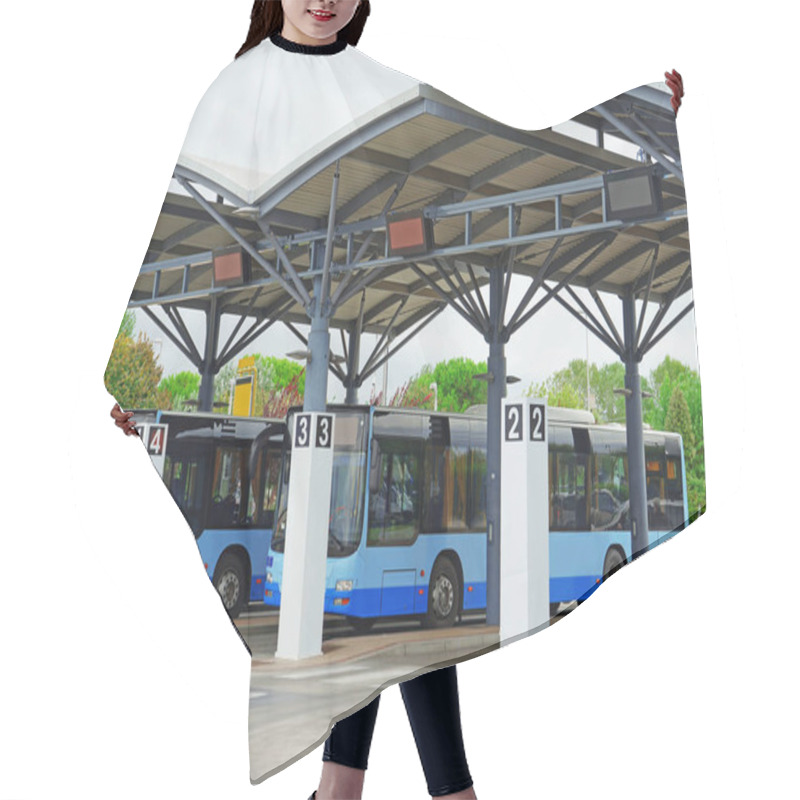 Personality  Bus Station With Blue Buses Hair Cutting Cape