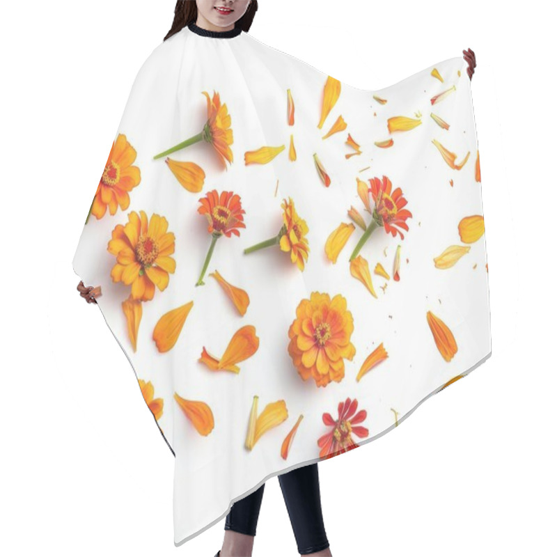 Personality  Bright Orange And Yellow Flowers Scattered Among Petals On A White Backdrop, Creating A Vibrant And Cheerful Arrangement. Hair Cutting Cape