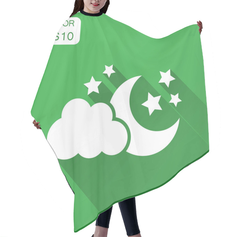 Personality  Moon And Stars With Clods Vector Icon In Flat Style. Nighttime Illustration With Long Shadow. Cloud, Moon Business Concept. Hair Cutting Cape