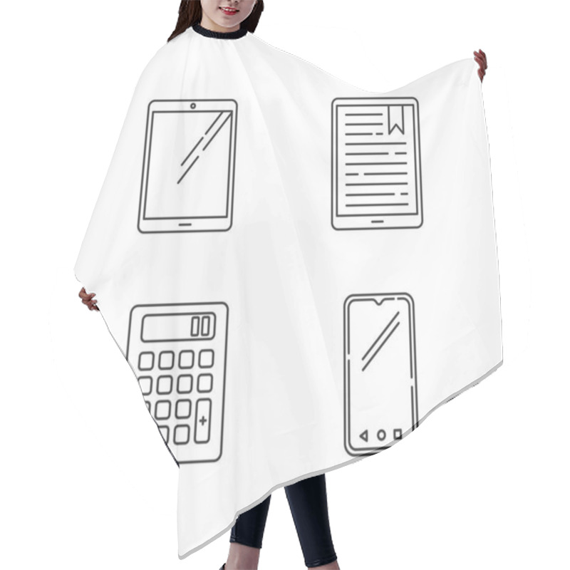 Personality  Mobile Devices Pixel Perfect Linear Icons Set. Tablet, E-reader, E-book. Smartphone, Calculator. Customizable Thin Line Contour Symbols. Isolated Vector Outline Illustrations. Editable Stroke Hair Cutting Cape