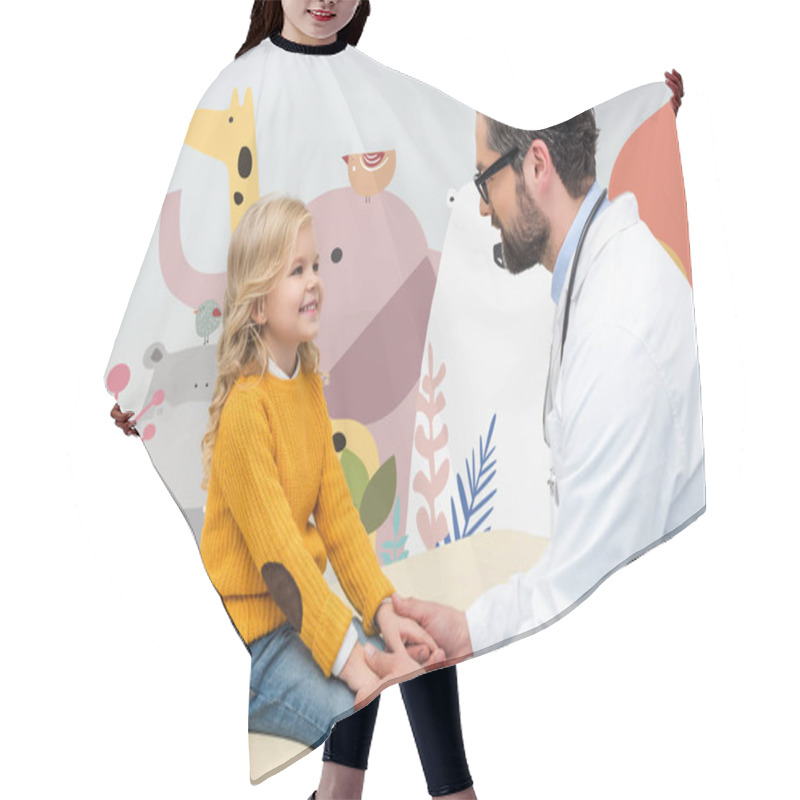 Personality  Pediatrist Holding Hands Of Little Girl Hair Cutting Cape