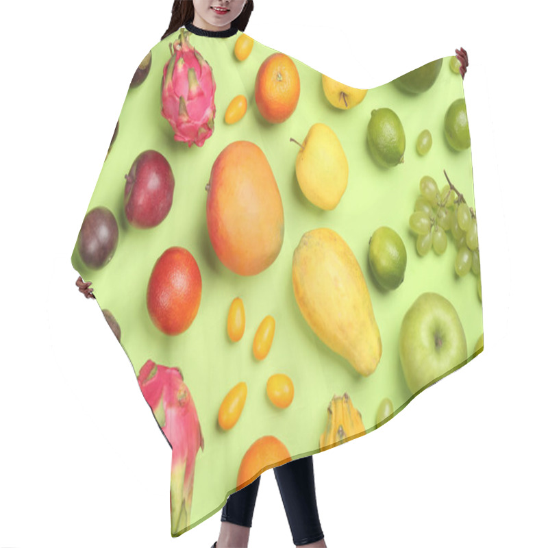 Personality  Many Different Delicious Exotic Fruits On Green Background, Flat Lay Hair Cutting Cape