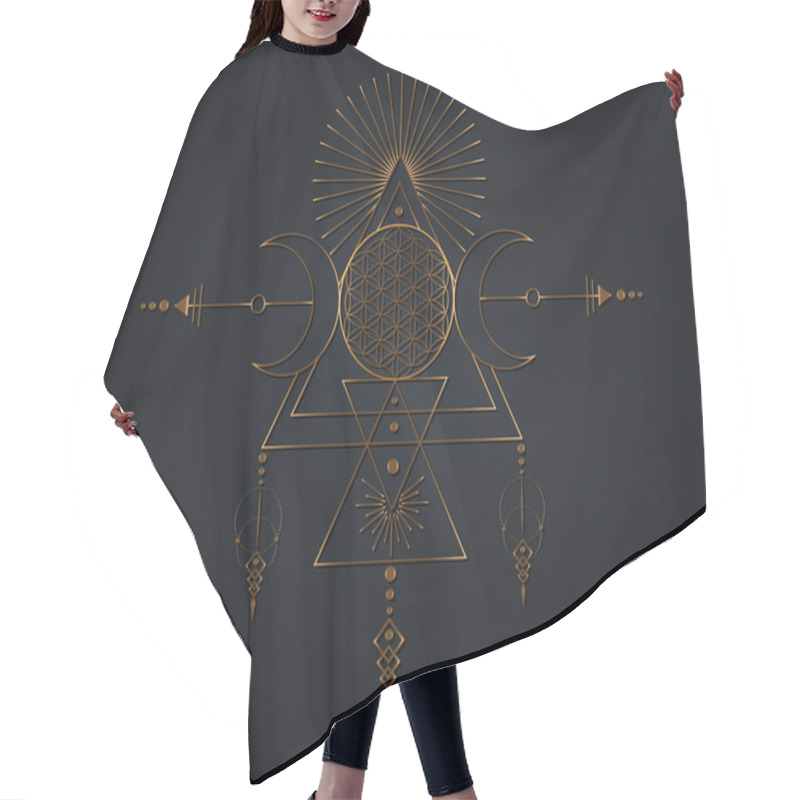 Personality  Triple Goddess And Flower Of Life, Gold Sacred Geometry, Tribal Triangles, Moon Phases In Shaman Boho Style. Astrology, Alchemy, And Magic Symbols. Vector Isolated On Black Background  Hair Cutting Cape