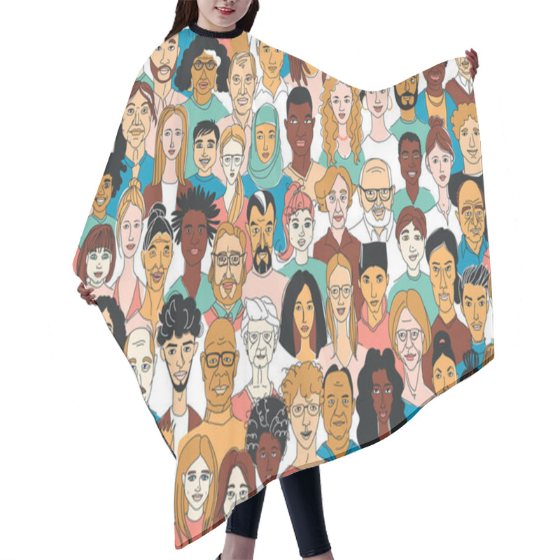 Personality  Young, Middle Age, Senior Adult Women's Men's Children's Seamless Pattern Background. Diversity Multiracial, Multiethnic Crowd Group People. Hand Drawn Line Drawing Doodle Vector Illustration Poster Hair Cutting Cape