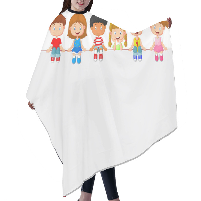 Personality  Happy Smiling Group Of Kids Showing Blank Placard Board Hair Cutting Cape