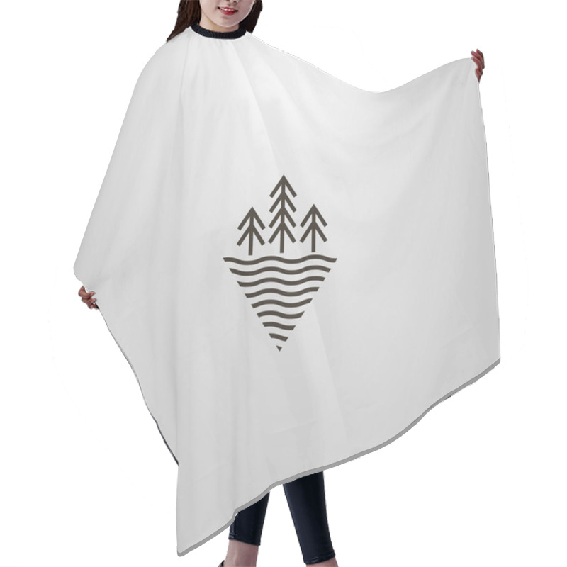 Personality  Black And White Simple Vector Line Art Rhombos Sign Of Three Fir Trees Near Water Waves Hair Cutting Cape