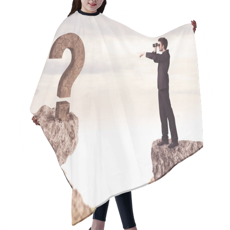 Personality  Businessman On Rock Mountain With A Question Mark Hair Cutting Cape