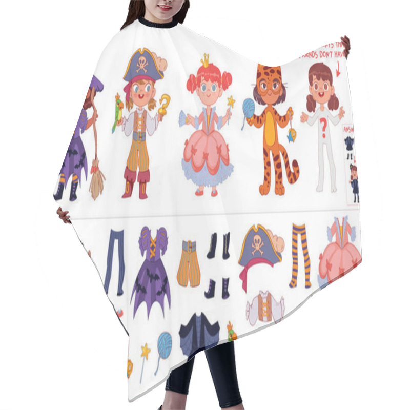 Personality  Find The Costume Pieces For Girl. Educational Game For Kids. Attention Task. Funny Cartoon Character. Worksheet Page. Puzzle Hidden Items. Educational Game For Children. Colorful Cartoon Characters Hair Cutting Cape