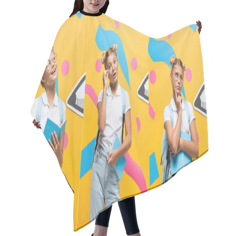 Personality  Collage Of Emotional Schoolgirl In Eyeglasses Holding Book Near Paper Pencil And Colorful Elements On Yellow, Horizontal Image Hair Cutting Cape