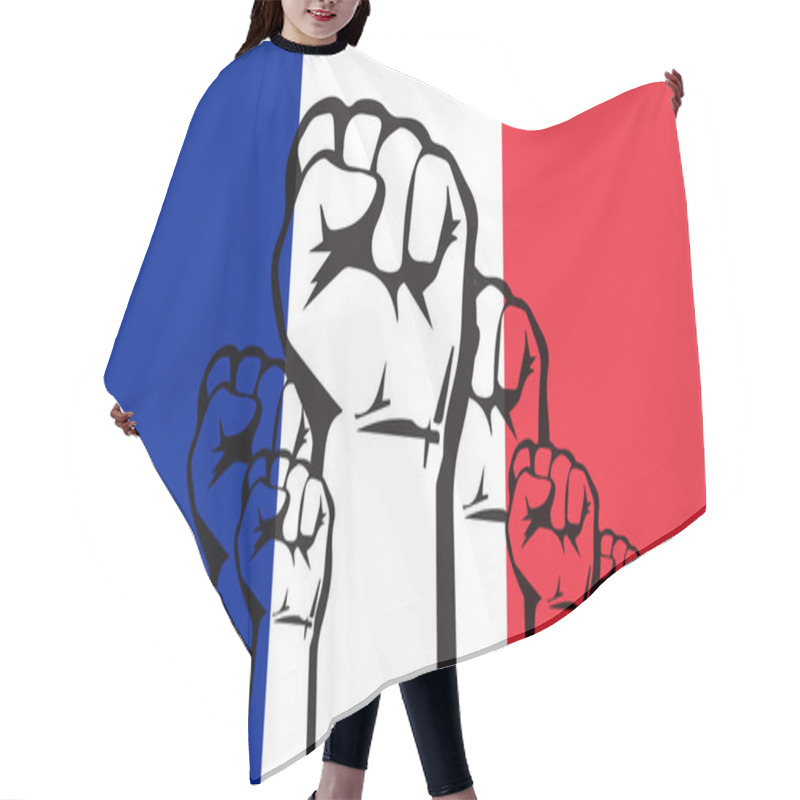 Personality  Protest In France. Rally In France. France. Flag And Silhouettes With Fists Hair Cutting Cape