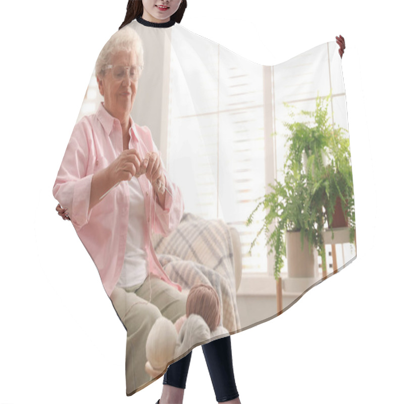 Personality  Elderly Woman Knitting At Home. Creative Hobby Hair Cutting Cape