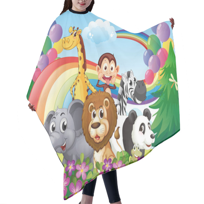 Personality  A Group Of Animals At The Hilltop With A Rainbow And Balloons Hair Cutting Cape