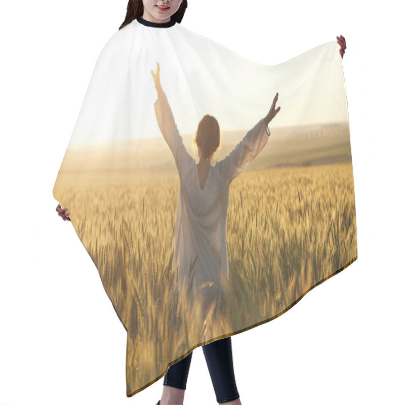 Personality  Woman With Arms Outstretched Hair Cutting Cape