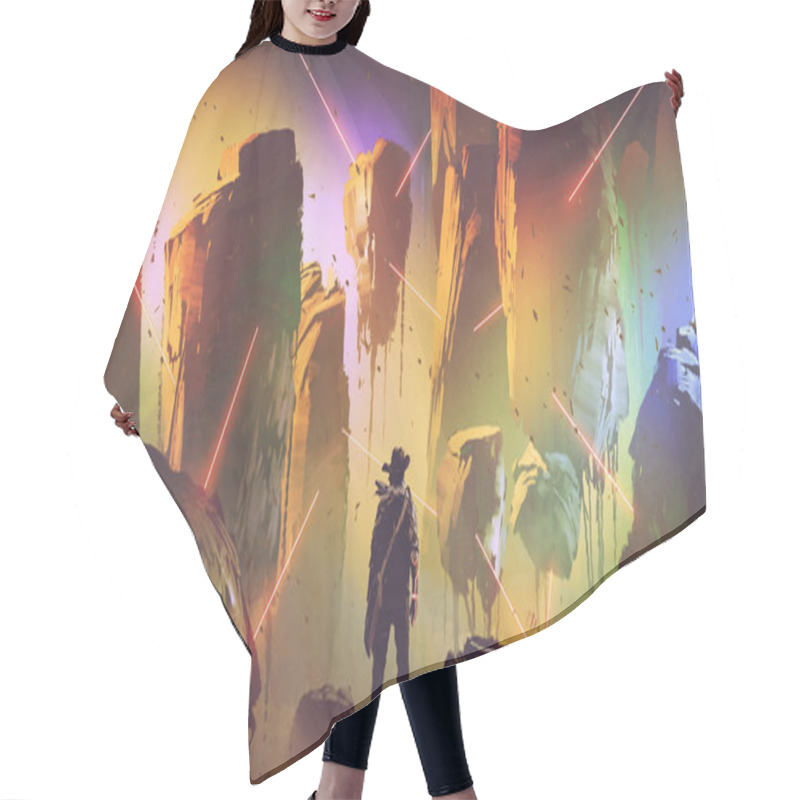 Personality  Futuristic Adventurer Looking At The Laser Trap In Floating Rocks, Digital Art Style, Illustration Painting Hair Cutting Cape