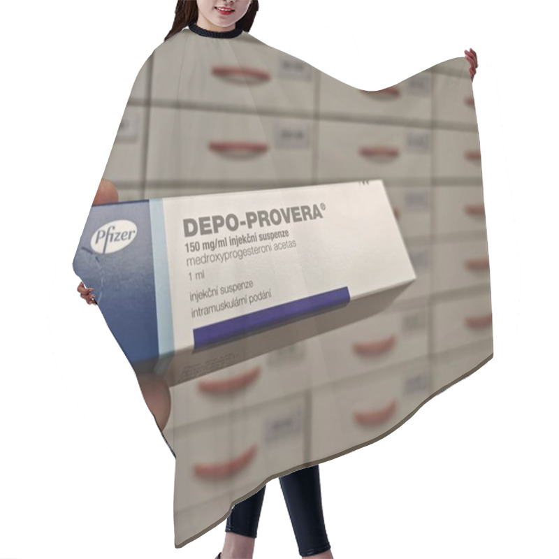 Personality  Prague, Czech Republic - July 9 2024: DEPO-PROVERA Box Of Medication With Medroxyprogesterone Acetate Active Substance By Pfizer, Used For Treatment Of Contraception, Menstrual Disorders, Endometriosi Hair Cutting Cape