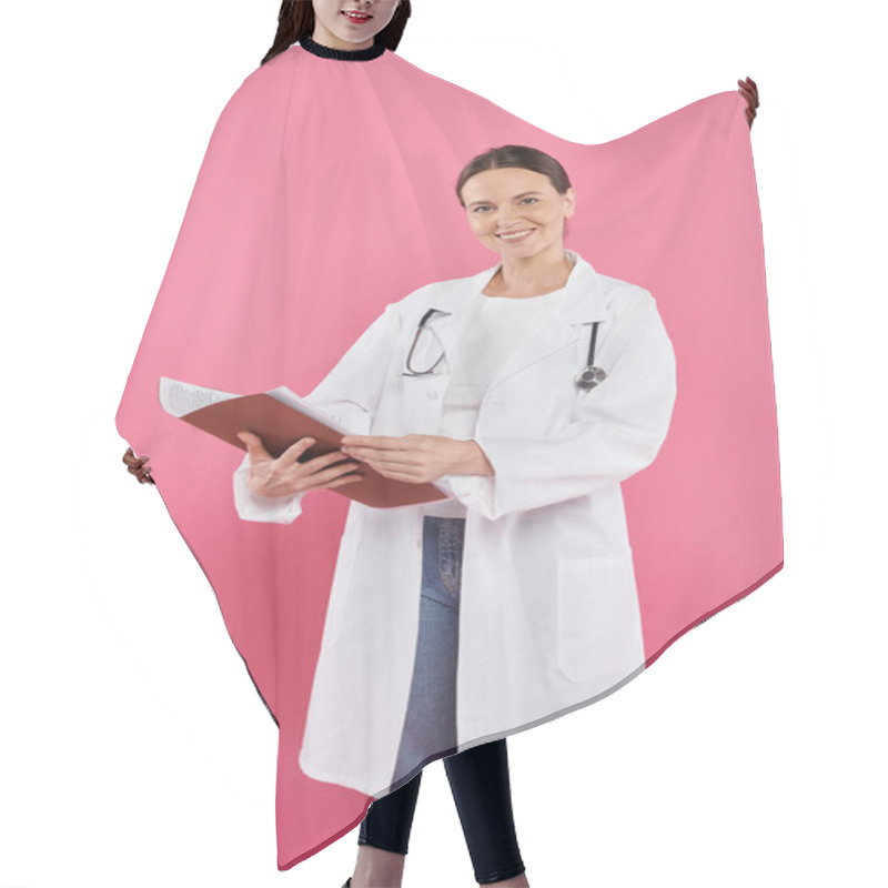 Personality  Breast Cancer Awareness, Female Doctor, Happy Oncologist Reading Medical Record, Folder, Pink Hair Cutting Cape