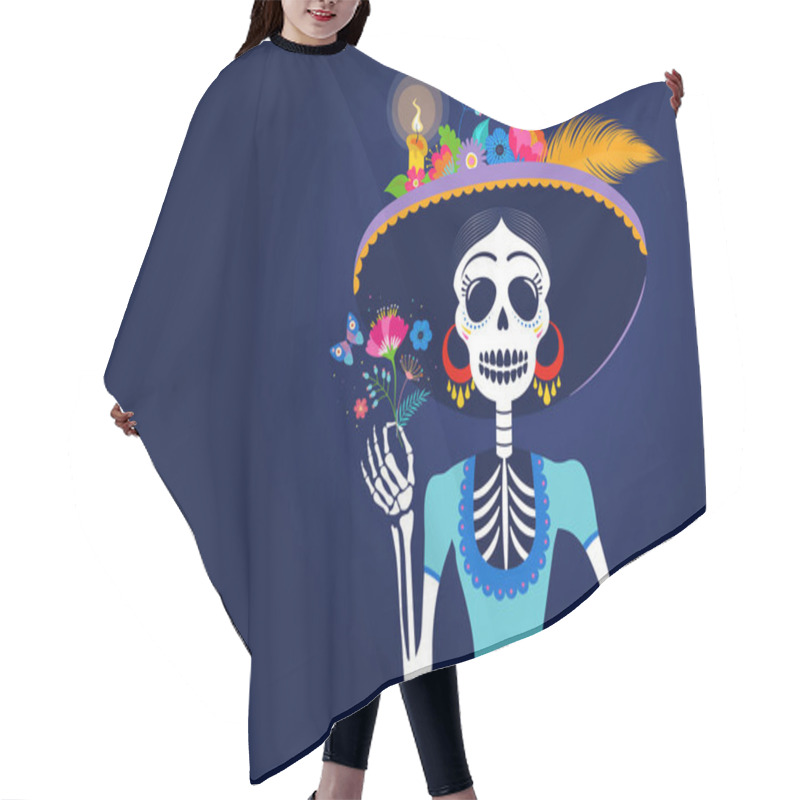 Personality  Dia De Los Muertos, Day Of The Dead, Mexican Holiday, Festival. Woman Skull With Make Up Of Catarina With Flowers Crown. Poster, Banner And Card With Sugar Skull Hair Cutting Cape