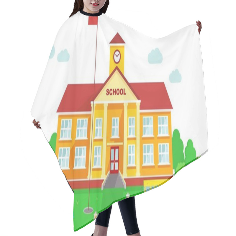 Personality  Panoramic Background With School Building And School Bus In Flat Style Hair Cutting Cape