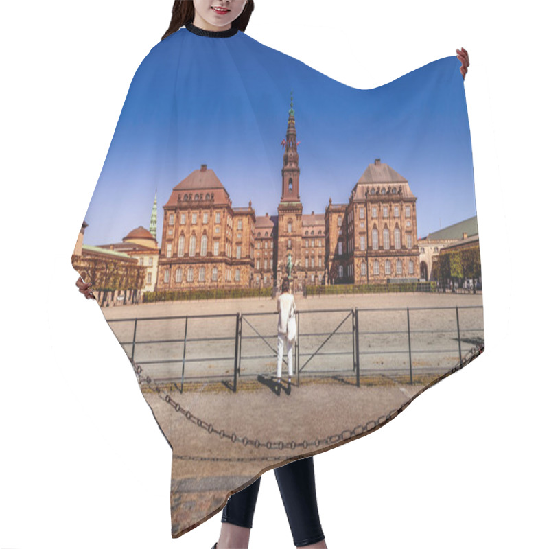 Personality  COPENHAGEN, DENMARK - MAY 6, 2018: Rear View Of Woman Taking Picture Of Christiansborg Palace  Hair Cutting Cape