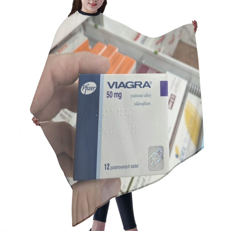 Personality  Prague, Czech Republic - July 9 2024: VIAGRA Box Of Medication With SILDENAFIL Active Substance By PFIZER, Used For Treatment Of Erectile Dysfunction And Male Health. Hair Cutting Cape