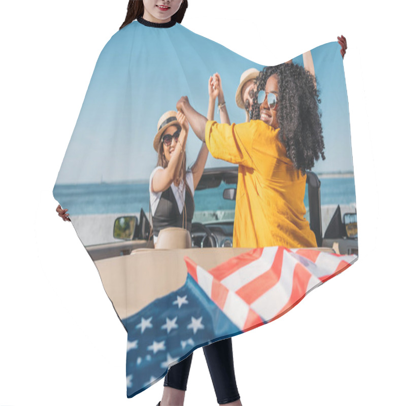 Personality  Multiethnic Women In Car With American Flag Hair Cutting Cape