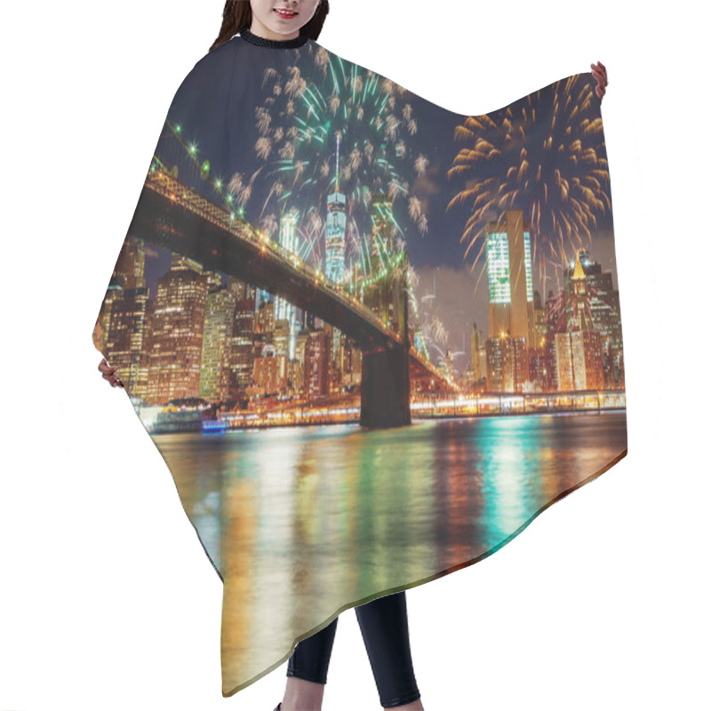 Personality  New York City's Brooklyn Bridge And Manhattan Skyline Illuminated Amazing Fireworks In Independence Day Hair Cutting Cape