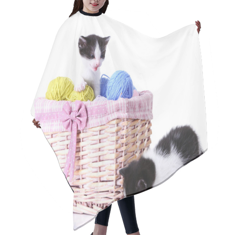 Personality  Cute Little Kittens In Basket With Balls Of Yarn, Isolated On White Hair Cutting Cape