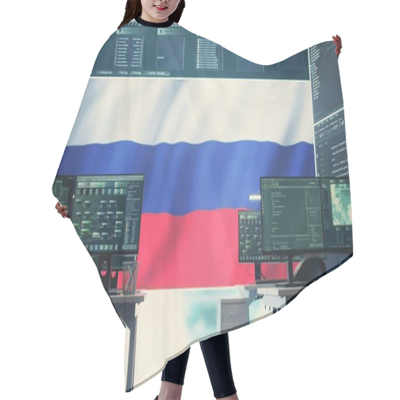 Personality  Governmental Cyber Operations Room With Russian Flag On Big Screen, Focusing On Information War And Trolling. Highlighting The Role Of Hackers In Spreading Disinformation And Crowd Control. Camera B. Hair Cutting Cape