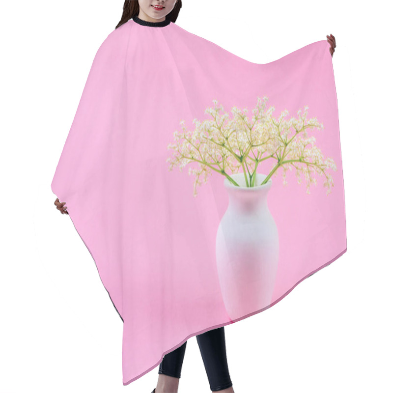 Personality  A Small Delicate Bouquet Of White Elderberry Flowers In A White Jug On A Pastel Pink Background With Copy Space Hair Cutting Cape