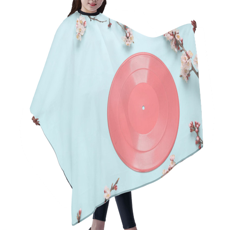 Personality  Retro Vinyl Record With Beautiful White Flowering Branches On Blue Pastel Background. Springtime, Minimal Music Concept. Flat Lay, Top View. Copy Space Hair Cutting Cape