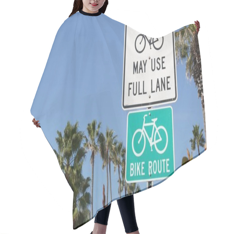 Personality  Bike Route Green Road Sign In California, USA. Bicycle Lane Singpost. Bikeway In Oceanside Pacific Tourist Resort. Cycleway Signboard And Palm. Healthy Lifestyle, Recreation And Safety Cycling Symbol. Hair Cutting Cape