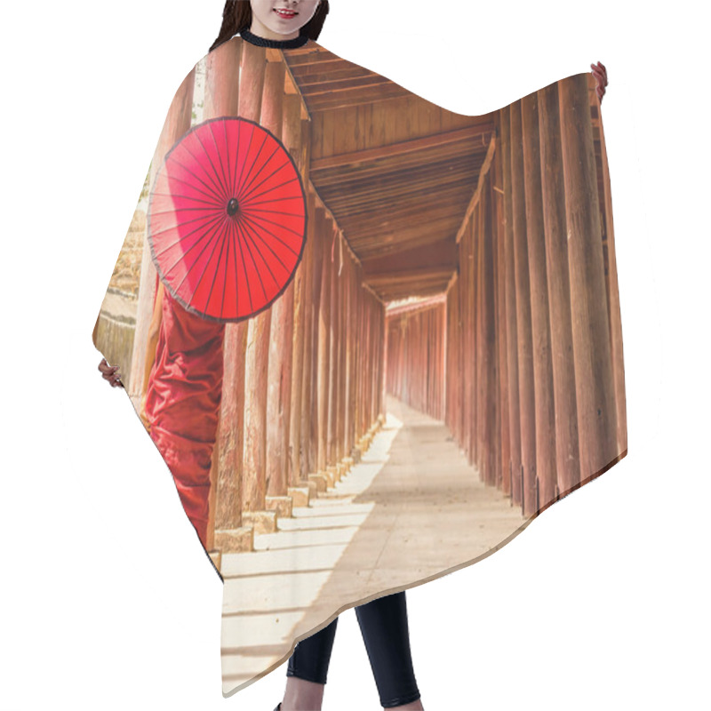 Personality   Buddhist Novice Standing In Pagoda Hair Cutting Cape