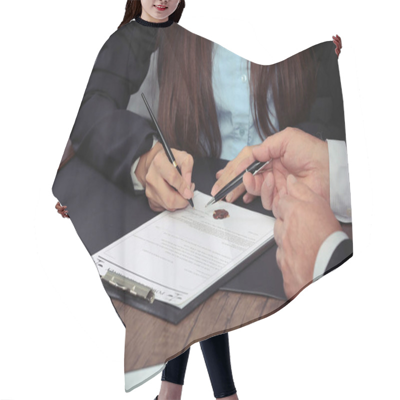 Personality  Notary With Client In Office Hair Cutting Cape