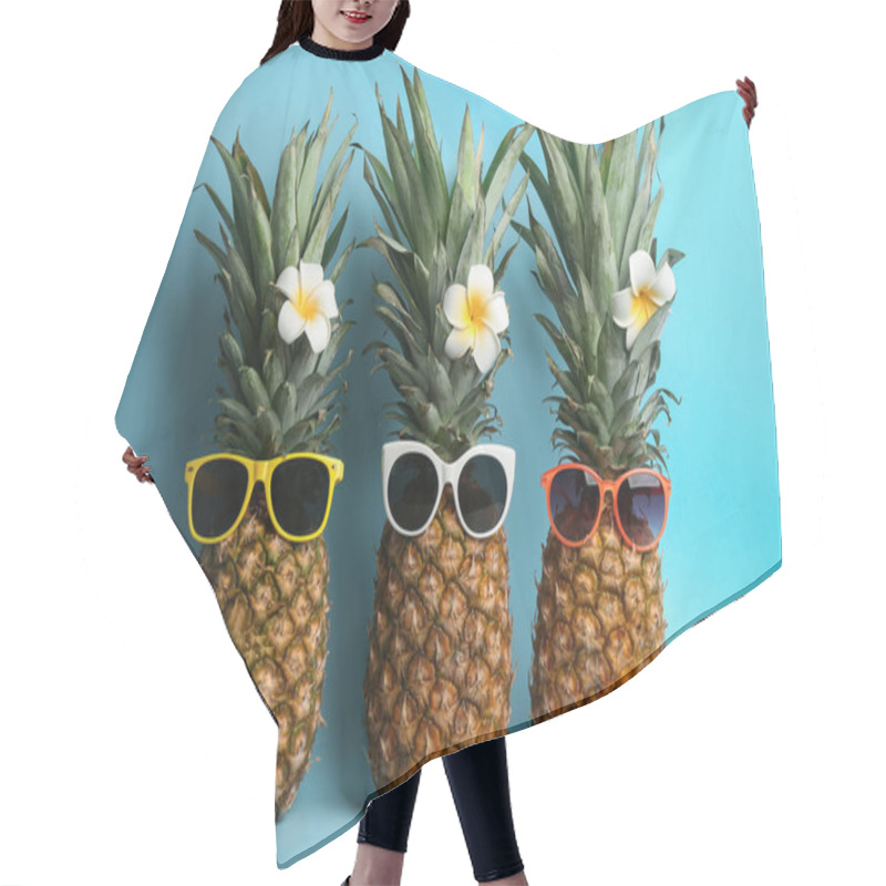 Personality  Funny Pineapples With Sunglasses And Plumeria Flowers On Light Blue Background. Creative Concept Hair Cutting Cape